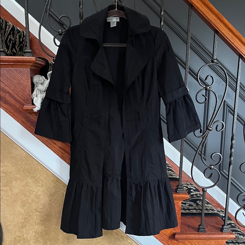 Mandee Black Ruffled 3/4 Sleeve Long Trench Coat - Women Size 1